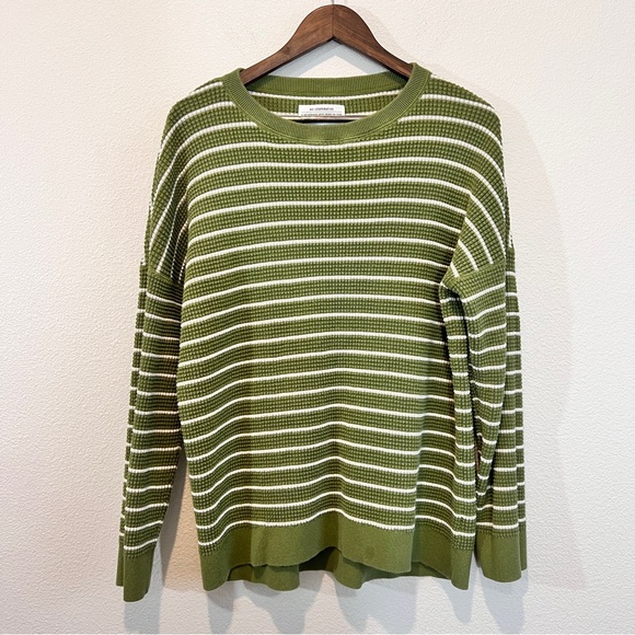 Rei Co-Op Sweaters - REI Co-op Green White Striped Cotton Crewneck Sweater XL Waffle Knit